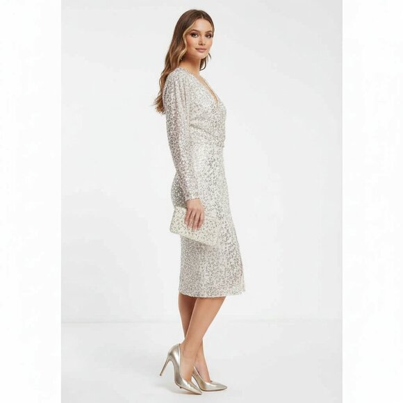 Nwt ASOS DESIGN Gold Scatter Sequin Batwing Sleeve Wrap Midi Dress Size 10 - Picture 5 of 14